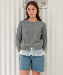 クルーネック刺繍ベーシックカーディガン(グレー)