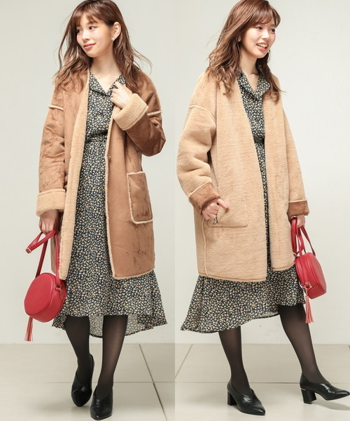 natural couture(ナチュラルクチュール)の「フェイクムートンリバーシブルコート(ムートンコート・レディース・アイボリー/ライトグレー/キャメル/ピンクベージュ・FREE)」の1枚目の写真