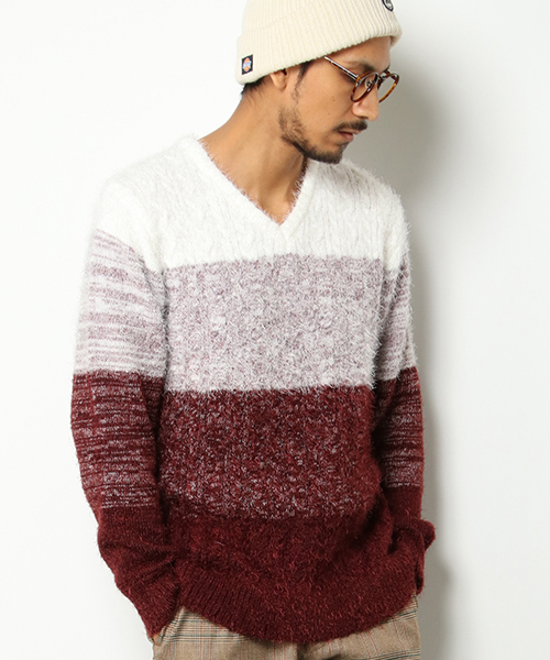 VENCEEXCHANGE（ヴァンスエクスチェンジ）の「フェザー前身ケーブルニットプルオーバー（ニット/セーター・メンズ・ホワイト/ブラック/ワインレッド・M/L）」の2枚目の写真