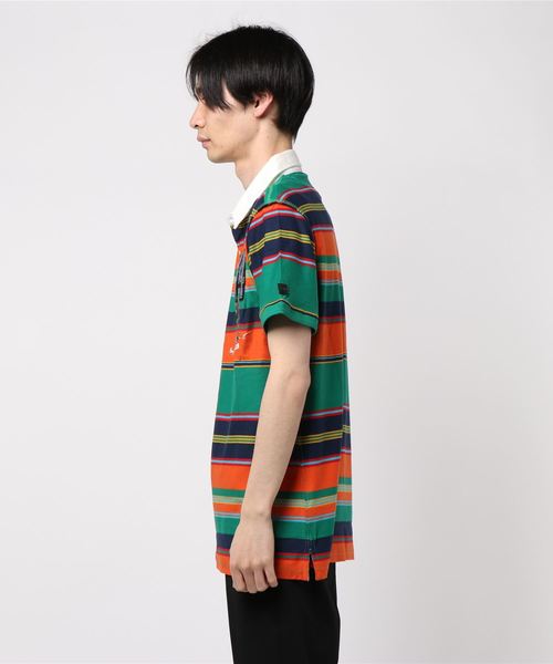 Desigual(デシグアル)の「オウム入りグリーン&オレンジストライプポロシャツ(ポロシャツ・メンズ・オレンジ・M/3L/S/L/2L)」の2枚目の写真