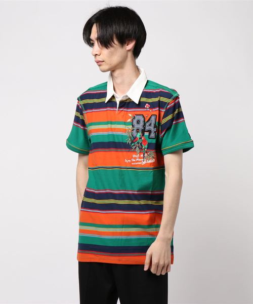 Desigual(デシグアル)の「オウム入りグリーン&オレンジストライプポロシャツ(ポロシャツ・メンズ・オレンジ・M/3L/S/L/2L)」の4枚目の写真