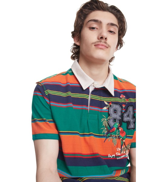 Desigual(デシグアル)の「オウム入りグリーン&オレンジストライプポロシャツ(ポロシャツ・メンズ・オレンジ・M/3L/S/L/2L)」の6枚目の写真