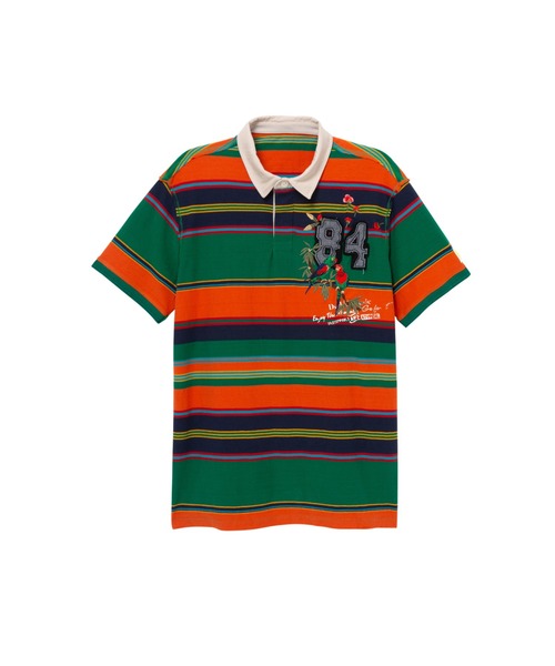Desigual(デシグアル)の「オウム入りグリーン&オレンジストライプポロシャツ(ポロシャツ・メンズ・オレンジ・M/3L/S/L/2L)」の5枚目の写真