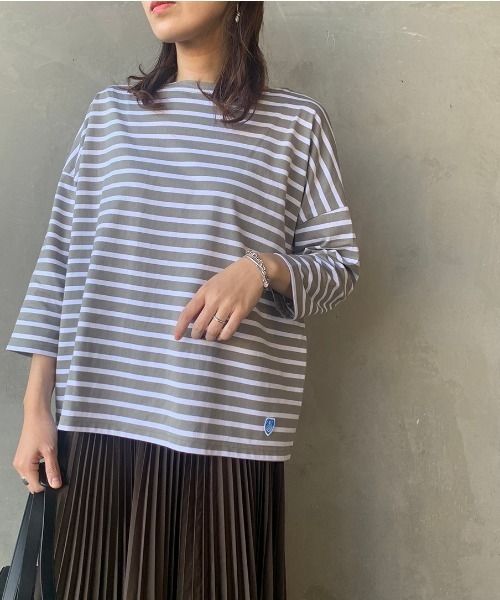 ORCIVAL（オーシバル）の「【Lala Begin 2・3月号掲載】[ORCIVAL/オーシバル] 別注7分袖ボートネックワイドTシャツ（Tシャツ/カットソー・レディース・ホワイト/ブラック/ホワイト×ブラック/ホワイト×ライトグレー/グレイッシュベージュ・F）」の5枚目の写真