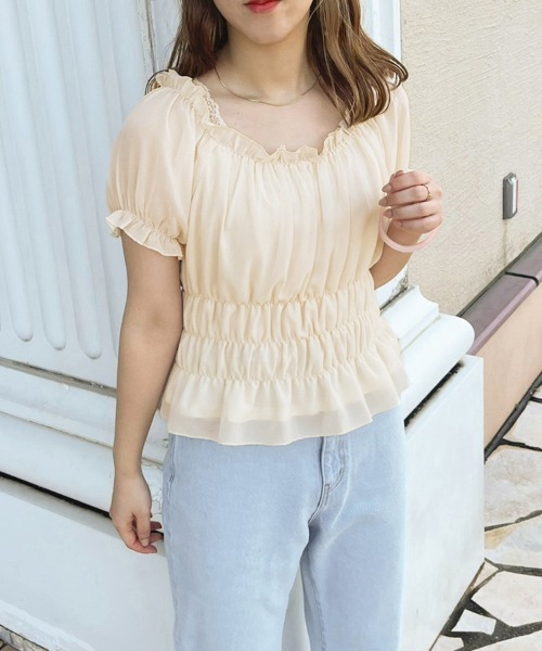 apres jour clair（アプレジュールクレア）の「【apres jour clair】シフォンギャザーブラウス【ZOZOTOWN限定アイテム】（シャツ/ブラウス・レディース・ピンクベージュ/アイボリー/モカ・X-LARGE/フリー）」の4枚目の写真