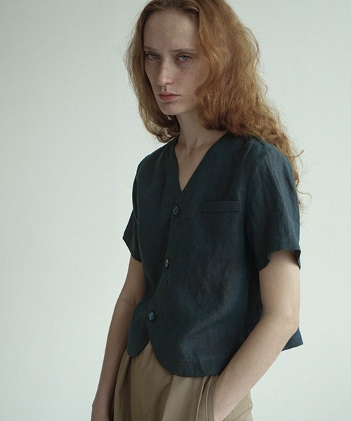 chuclla(チュクラ)の「【LeonoraYang】Linen half-sleeve jacket chw1548(ノーカラージャケット・レディース・ダークブルー/ダークブラウン・S/M/L)」の3枚目の写真