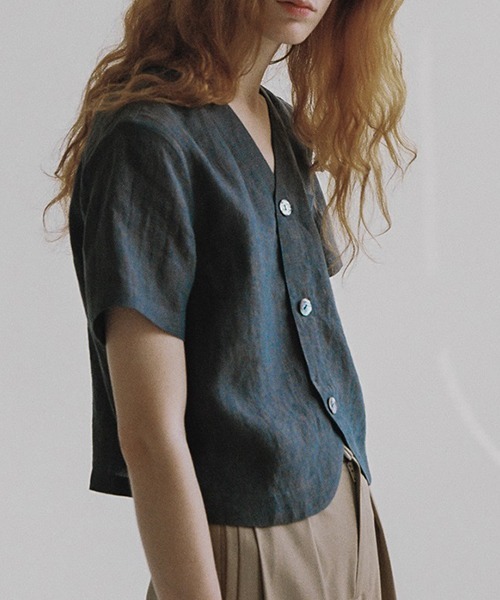 chuclla(チュクラ)の「【LeonoraYang】Linen half-sleeve jacket chw1548(ノーカラージャケット・レディース・ダークブルー/ダークブラウン・S/M/L)」の5枚目の写真