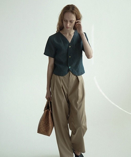 chuclla(チュクラ)の「【LeonoraYang】Linen half-sleeve jacket chw1548(ノーカラージャケット・レディース・ダークブルー/ダークブラウン・S/M/L)」の7枚目の写真