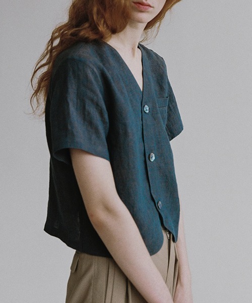 chuclla(チュクラ)の「【LeonoraYang】Linen half-sleeve jacket chw1548(ノーカラージャケット・レディース・ダークブルー/ダークブラウン・S/M/L)」の9枚目の写真