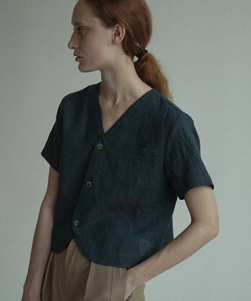 chuclla(チュクラ)の「【LeonoraYang】Linen half-sleeve jacket chw1548(ノーカラージャケット・レディース・ダークブルー/ダークブラウン・S/M/L)」の12枚目の写真