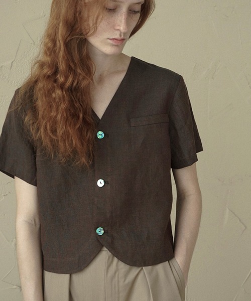 chuclla(チュクラ)の「【LeonoraYang】Linen half-sleeve jacket chw1548(ノーカラージャケット・レディース・ダークブルー/ダークブラウン・S/M/L)」の13枚目の写真
