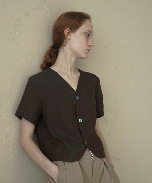 chuclla(チュクラ)の「【LeonoraYang】Linen half-sleeve jacket chw1548(ノーカラージャケット・レディース・ダークブルー/ダークブラウン・S/M/L)」の20枚目の写真
