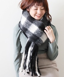 大判チェックフリンジマフラー