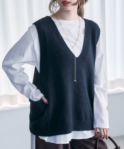 toucher du brise(トゥシェドブリーズ)の「デザインVネックニットベスト(ニット/セーター・レディース・ベージュ/ブラック・M)」の2枚目の写真