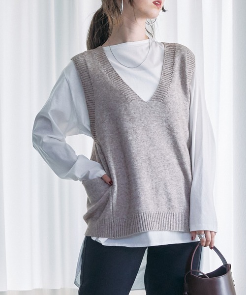 toucher du brise(トゥシェドブリーズ)の「デザインVネックニットベスト(ニット/セーター・レディース・ベージュ/ブラック・M)」の9枚目の写真