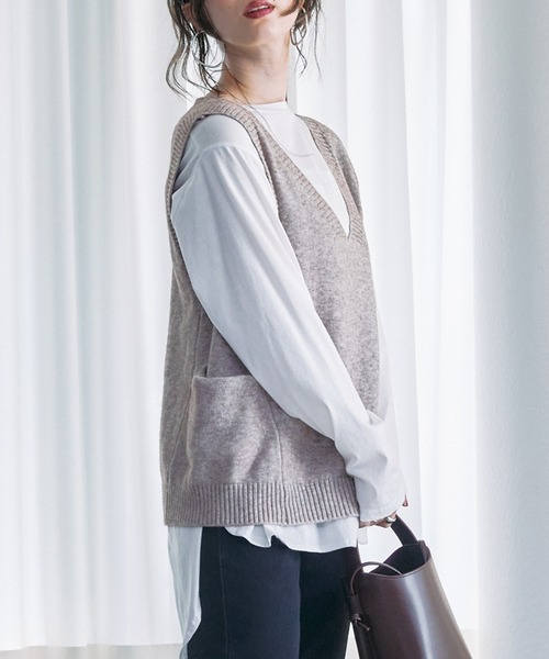 toucher du brise(トゥシェドブリーズ)の「デザインVネックニットベスト(ニット/セーター・レディース・ベージュ/ブラック・M)」の5枚目の写真