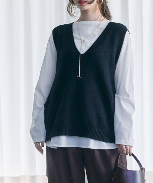 toucher du brise(トゥシェドブリーズ)の「デザインVネックニットベスト(ニット/セーター・レディース・ベージュ/ブラック・M)」の10枚目の写真