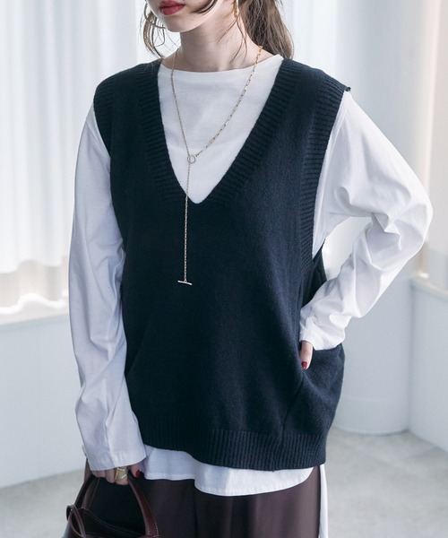 toucher du brise(トゥシェドブリーズ)の「デザインVネックニットベスト(ニット/セーター・レディース・ベージュ/ブラック・M)」の7枚目の写真