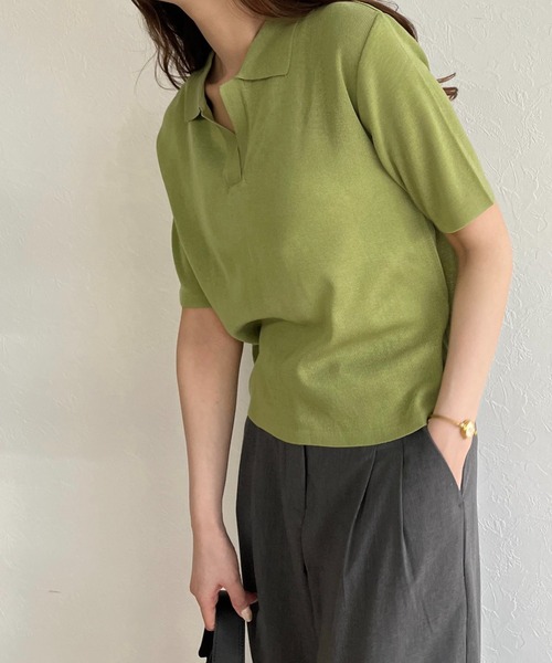ISOOK(アイスー)の「Sheer polo knit / シアーポロニット(ポロシャツ・レディース・レッド/イエロー/グリーン・FREE)」の1枚目の写真