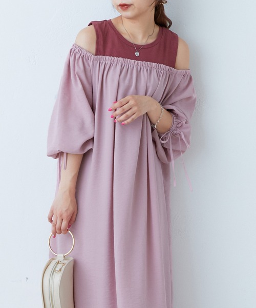 natural couture(ナチュラルクチュール)の「2022AWアイテム/肩出しレイヤードワンピース(ワンピース・レディース・その他1/ベージュ/ピンク/ブラック・FREE)」の4枚目の写真