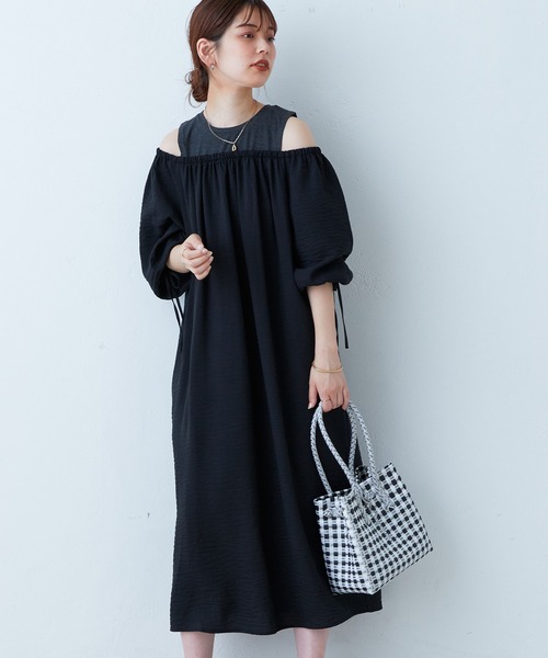 natural couture(ナチュラルクチュール)の「2022AWアイテム/肩出しレイヤードワンピース(ワンピース・レディース・その他1/ベージュ/ピンク/ブラック・FREE)」の7枚目の写真