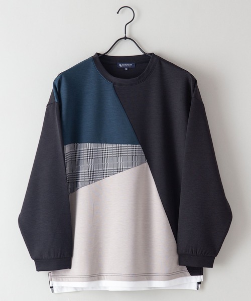 Blue Standard （ブルースタンダード）の「【BLUE STANDARD/ブルースタンダード】ダンボール フェイクレイヤード ドロップショルダー　ビッグシルエット　切り替えクルーTシャツ（Tシャツ/カットソー・メンズ・ブラック系その他/ブルー系その他/アイボリー/ブラック/その他/グレー・X-LARGE/MEDIUM/LARGE）」の2枚目の写真