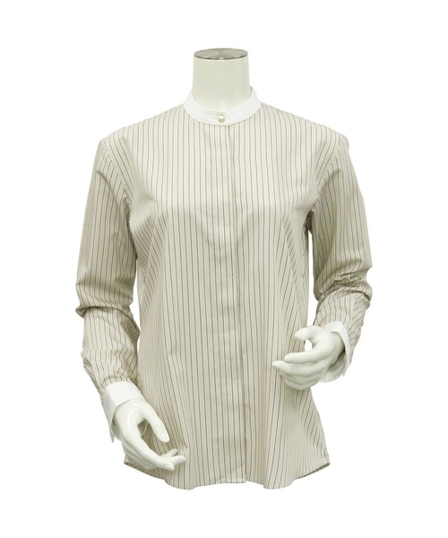 TOKYO SHIRTS(トウキョウシャツ)の「形態安定ノーアイロン スタンドカラー 長袖ビジネスワイシャツ(ビジネスシャツ・レディース・ベージュ・LL/S/M/L/XL)」の4枚目の写真