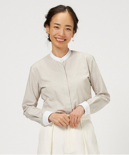 TOKYO SHIRTS(トウキョウシャツ)の「形態安定ノーアイロン スタンドカラー 長袖ビジネスワイシャツ(ビジネスシャツ・レディース・ベージュ・LL/S/M/L/XL)」の8枚目の写真