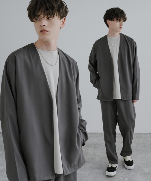 Rocky Monroe(ロッキーモンロー)の「【 セットアップ】ビッグシルエット ジャケット&タックワイド テーパードパンツ(ノーカラー/ジップブルゾン)(セットアップ・メンズ・ネイビー/ブラック系/グレー系1/ブラウン系/ブラック/オフホワイト/ホワイト系/グレー/ネイビー系/ブラウン/グレー系/チャコール・L/M/XL)」の6枚目の写真