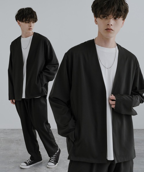 Rocky Monroe(ロッキーモンロー)の「【 セットアップ】ビッグシルエット ジャケット&タックワイド テーパードパンツ(ノーカラー/ジップブルゾン)(セットアップ・メンズ・ネイビー/ブラック系/グレー系1/ブラウン系/ブラック/オフホワイト/ホワイト系/グレー/ネイビー系/ブラウン/グレー系/チャコール・L/M/XL)」の4枚目の写真