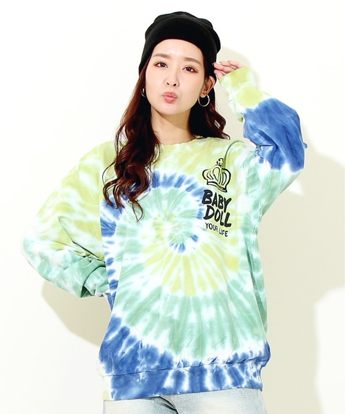 BABYDOLL(ベビードール)の「親子お揃い タイダイ トレーナー 7934A(スウェット・レディース・グリーン/オレンジ・M/S/XL/L)」の2枚目の写真