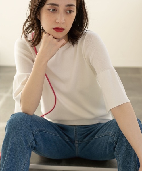 OPAQUE.CLIP（オペークドットクリップ）の「◆ドライタッチフリルスリーブニット【洗える/アンチピリング】（ニット/セーター・レディース・オレンジ/ブルー/ブラック/ホワイト系・36/38/40/42）」の5枚目の写真