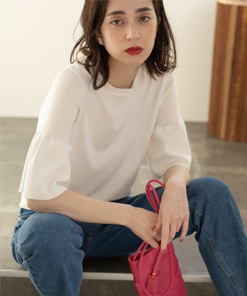 OPAQUE.CLIP（オペークドットクリップ）の「◆ドライタッチフリルスリーブニット【洗える/アンチピリング】（ニット/セーター・レディース・オレンジ/ブルー/ブラック/ホワイト系・36/38/40/42）」の9枚目の写真