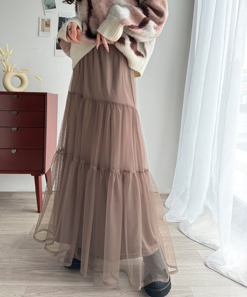 classicalelf(クラシカルエルフ)の「ふわっと愛らしく。チュールレイヤード ティアードロングスカート(スカート・レディース・ブラック/アイボリー/カーキ/グレー/モカ・SMALL/LARGE/MEDIUM/X-LARGE)」の4枚目の写真