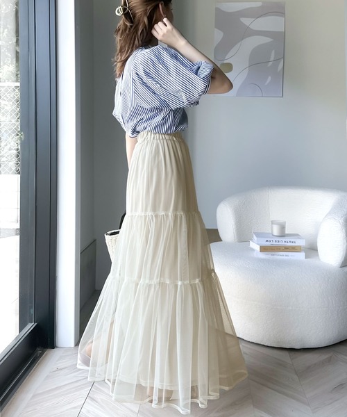 classicalelf(クラシカルエルフ)の「ふわっと愛らしく。チュールレイヤード ティアードロングスカート(スカート・レディース・ブラック/アイボリー/カーキ/グレー/モカ・SMALL/LARGE/MEDIUM/X-LARGE)」の18枚目の写真