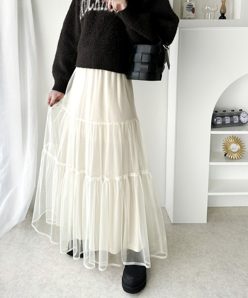 classicalelf(クラシカルエルフ)の「ふわっと愛らしく。チュールレイヤード ティアードロングスカート(スカート・レディース・ブラック/アイボリー/カーキ/グレー/モカ・SMALL/LARGE/MEDIUM/X-LARGE)」の9枚目の写真