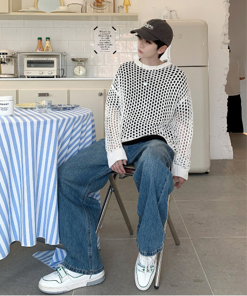 neos(ネオス)の「【neos -addictive design-】ルーズシルエット メッシュ シアー ニット プルオーバー トップス(ニット/セーター・メンズ・ブラック/オフホワイト/ブルー・MEDIUM/LARGE/X-LARGE)」の19枚目の写真