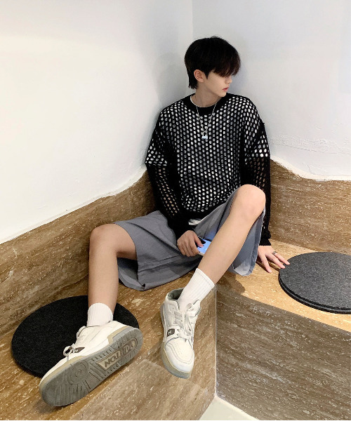 neos(ネオス)の「【neos -addictive design-】ルーズシルエット メッシュ シアー ニット プルオーバー トップス(ニット/セーター・メンズ・ブラック/オフホワイト/ブルー・MEDIUM/LARGE/X-LARGE)」の6枚目の写真