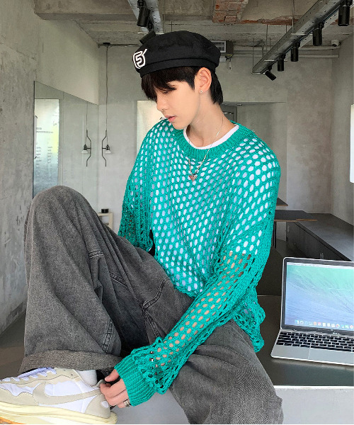 neos(ネオス)の「【neos -addictive design-】ルーズシルエット メッシュ シアー ニット プルオーバー トップス(ニット/セーター・メンズ・ブラック/オフホワイト/ブルー・MEDIUM/LARGE/X-LARGE)」の18枚目の写真