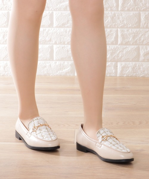 セール】ツイード × レザー バックル付き ローヒール ローファー