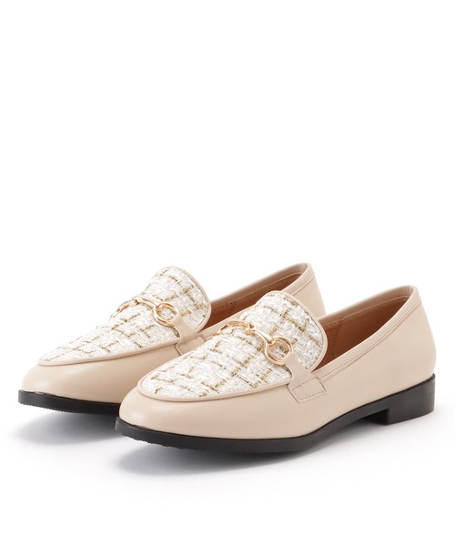 セール】ツイード × レザー バックル付き ローヒール ローファー