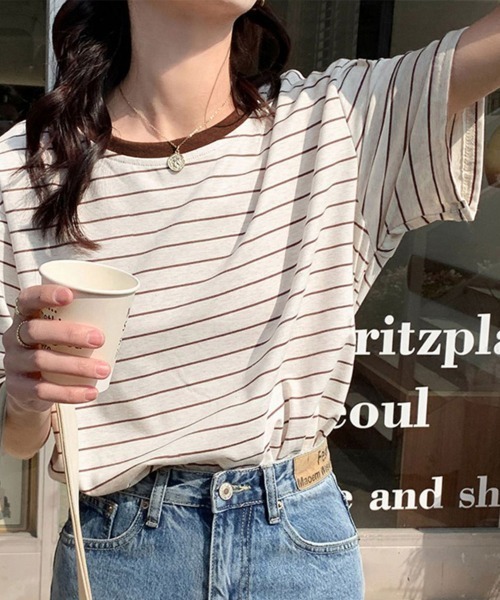 Miniministore(ミニミニストア)の「トップス ボーダー柄 tシャツ 半袖 夏(Tシャツ/カットソー・レディース・ブラウン/ネイビー・FREE)」の1枚目の写真