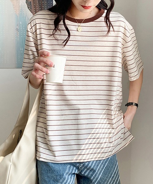 Miniministore(ミニミニストア)の「トップス ボーダー柄 tシャツ 半袖 夏(Tシャツ/カットソー・レディース・ブラウン/ネイビー・FREE)」の4枚目の写真