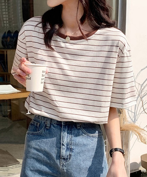 Miniministore(ミニミニストア)の「トップス ボーダー柄 tシャツ 半袖 夏(Tシャツ/カットソー・レディース・ブラウン/ネイビー・FREE)」の6枚目の写真