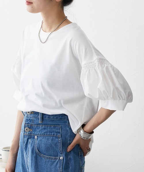 nissen（ニッセン）の「【販売終了】異素材切替パフスリーブ半袖Ｔシャツ（Tシャツ/カットソー・レディース・ホワイト/ブラック・M/L/LL）」の19枚目の写真