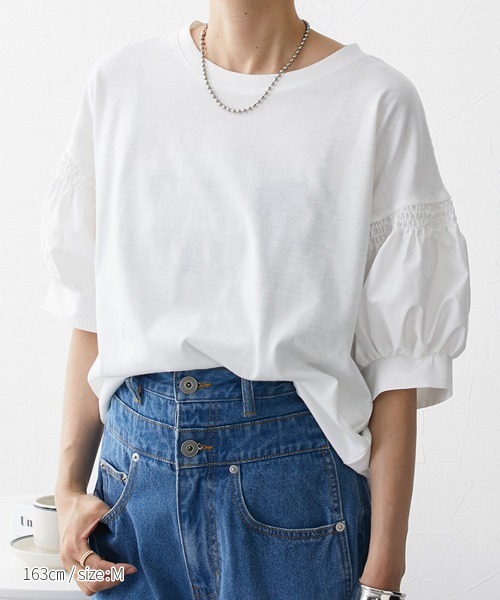 nissen（ニッセン）の「【販売終了】異素材切替パフスリーブ半袖Ｔシャツ（Tシャツ/カットソー・レディース・ホワイト/ブラック・M/L/LL）」の21枚目の写真