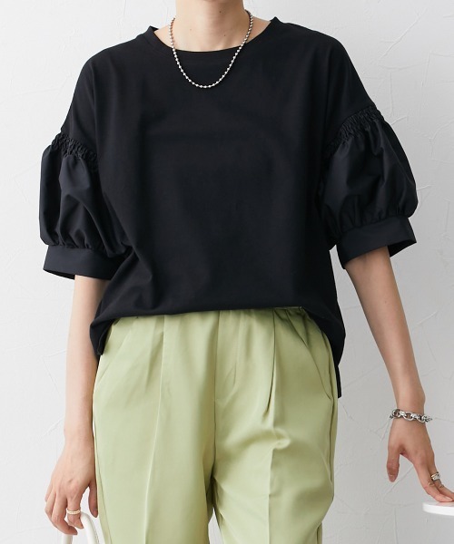 nissen（ニッセン）の「【販売終了】異素材切替パフスリーブ半袖Ｔシャツ（Tシャツ/カットソー・レディース・ホワイト/ブラック・M/L/LL）」の12枚目の写真