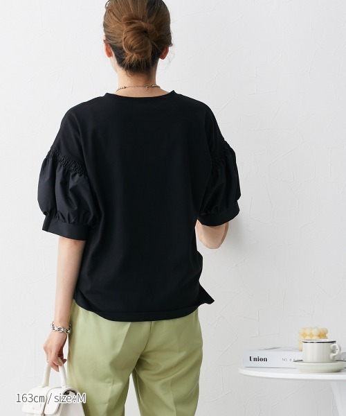 nissen（ニッセン）の「【販売終了】異素材切替パフスリーブ半袖Ｔシャツ（Tシャツ/カットソー・レディース・ホワイト/ブラック・M/L/LL）」の8枚目の写真