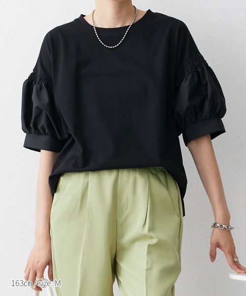 nissen（ニッセン）の「【販売終了】異素材切替パフスリーブ半袖Ｔシャツ（Tシャツ/カットソー・レディース・ホワイト/ブラック・M/L/LL）」の10枚目の写真