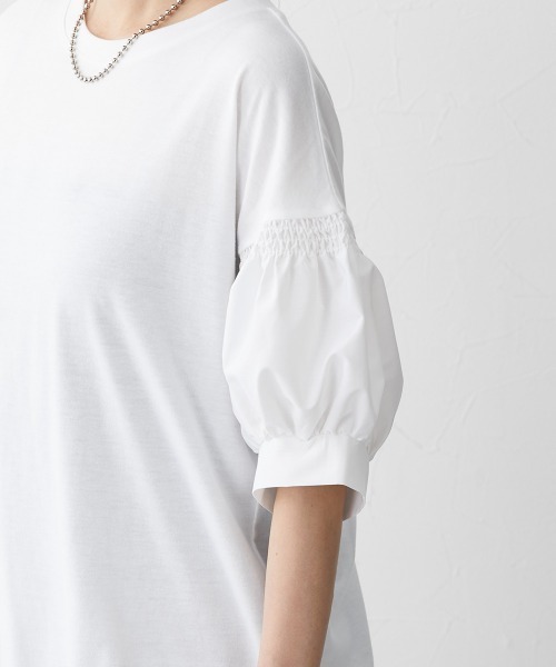 nissen（ニッセン）の「【販売終了】異素材切替パフスリーブ半袖Ｔシャツ（Tシャツ/カットソー・レディース・ホワイト/ブラック・M/L/LL）」の6枚目の写真